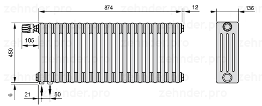 Схема (чертеж) Радиатор Zehnder Charleston 4045/19 №V001 Белый глянцевый RAL 9016